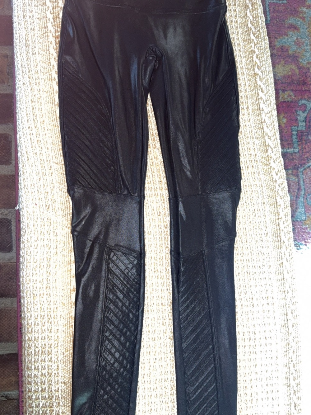 SPANX Black Faux Leather Leggings with Red Logo Tag